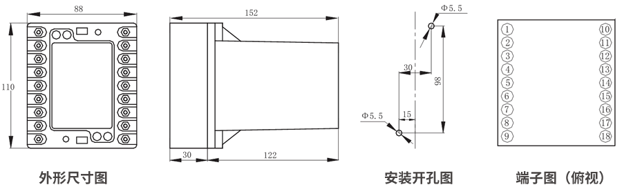 JZS-7/321凸出式板前接線外形尺寸和安裝尺寸圖