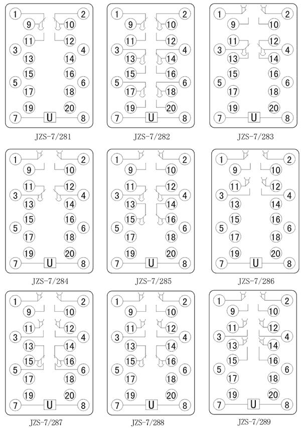 JZS-7/286斷電延時中間繼電器內部接線圖